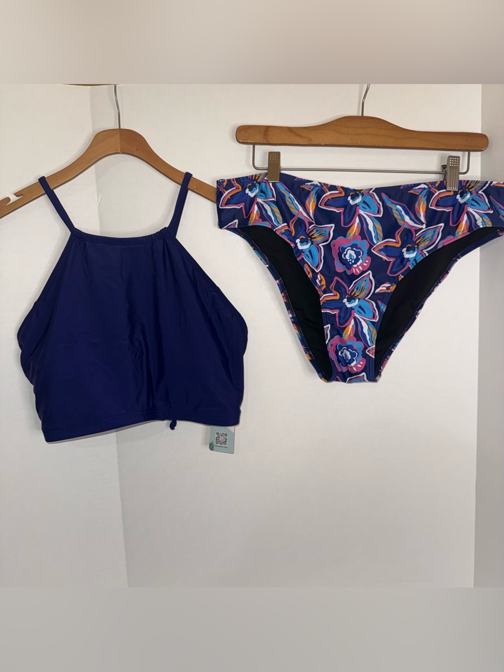 Women's High-Neck Navy Bikini Top with Floral Navy Bikini Bottom